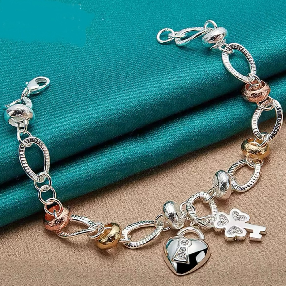 Sterling Silver Heart Lock Key Bracelet